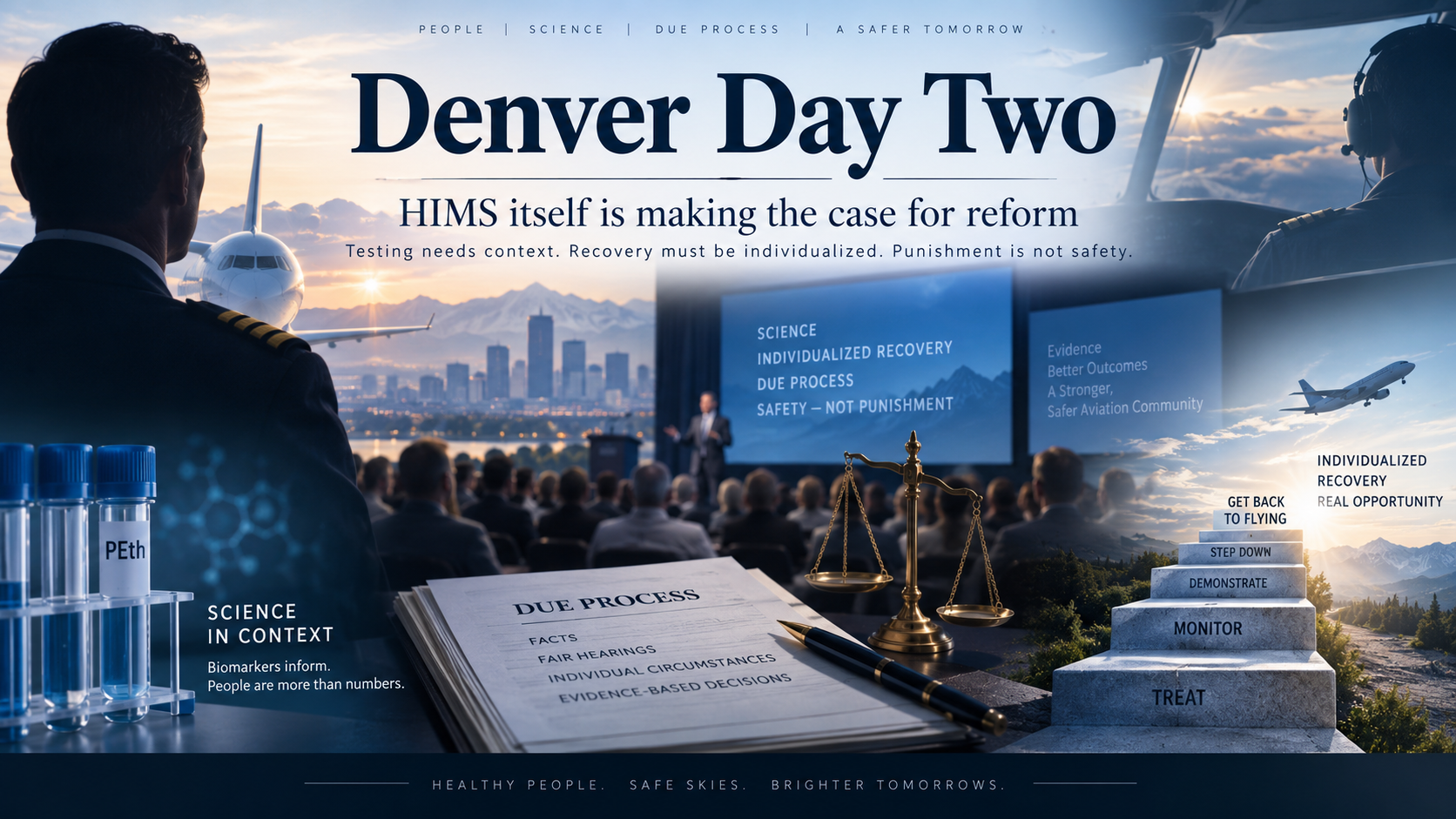 Denver Day Two HIMS reform graphic highlighting science, due process, individualized recovery, and safety.