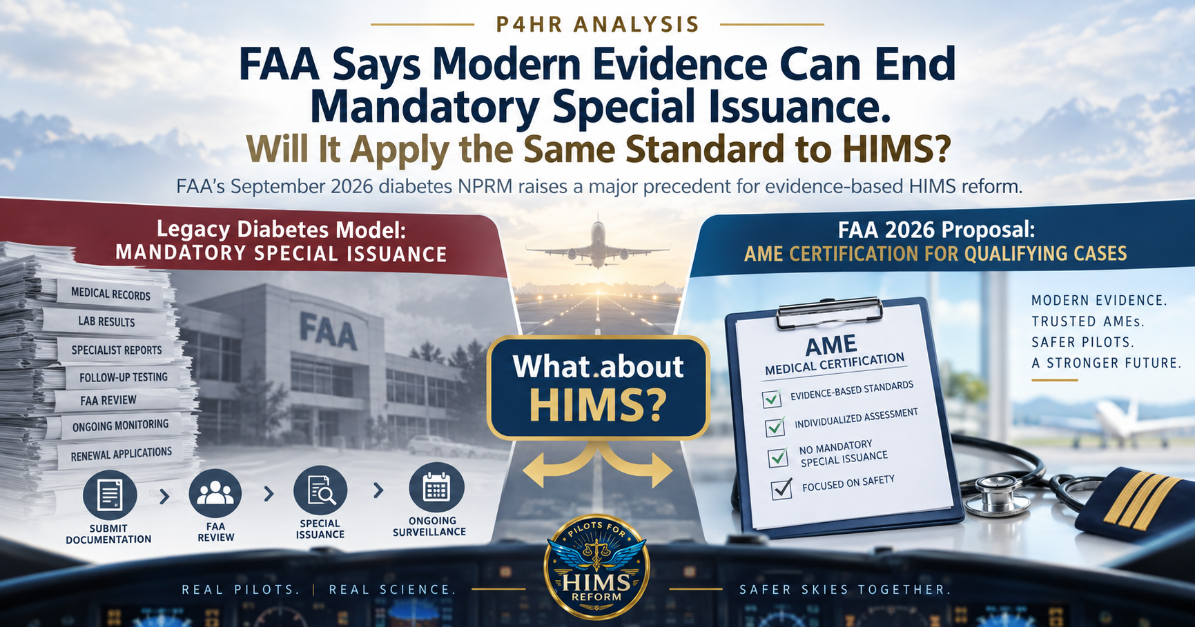 P4HR graphic comparing the legacy diabetes Special Issuance model with FAA's 2026 proposal for AME certification and asking whether the same evidence-based principle should apply to HIMS.