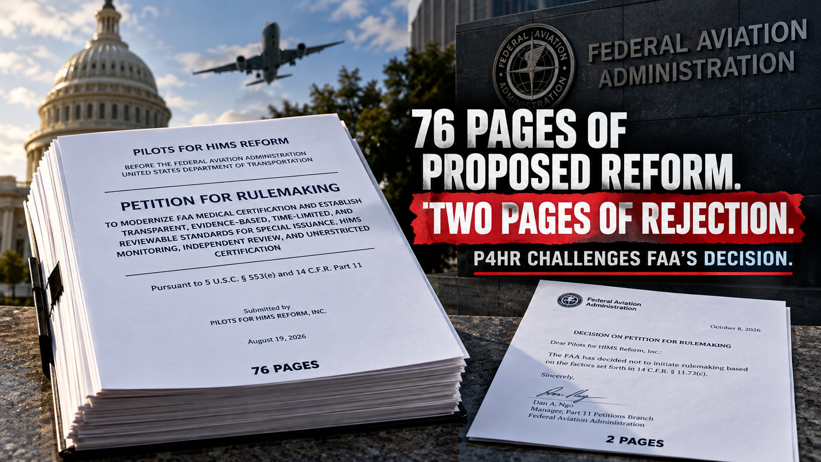 Editorial illustration juxtaposing the 76-page P4HR rulemaking petition and the two-page FAA denial, with an airplane and federal buildings