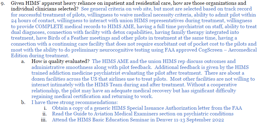 HIMS RFI Question 9 showing treatment-center selection criteria including willingness to waive medical necessity criteria