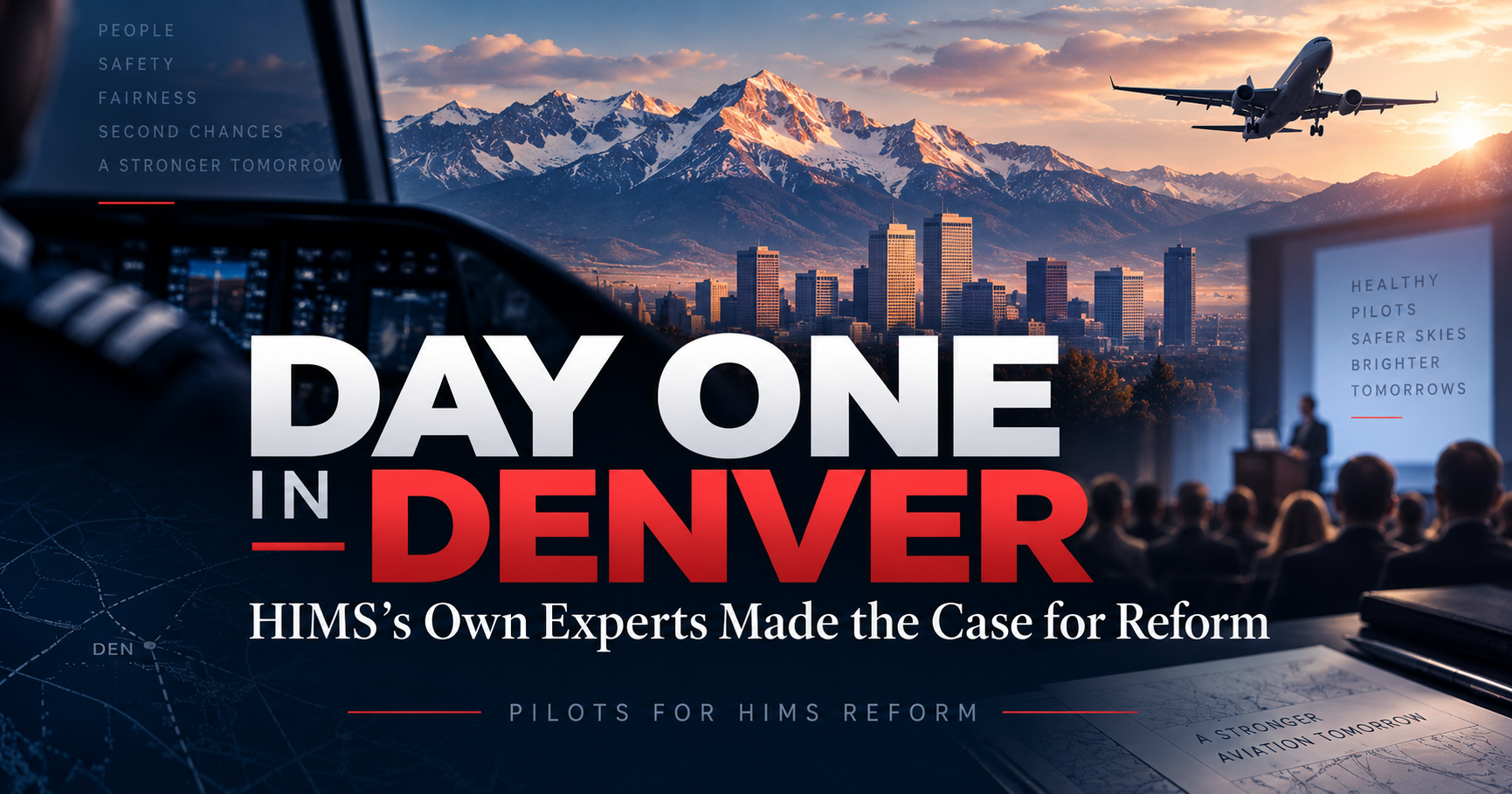 Day One in Denver — P4HR 2026 HIMS Seminar reform analysis graphic with Denver skyline and aviation imagery