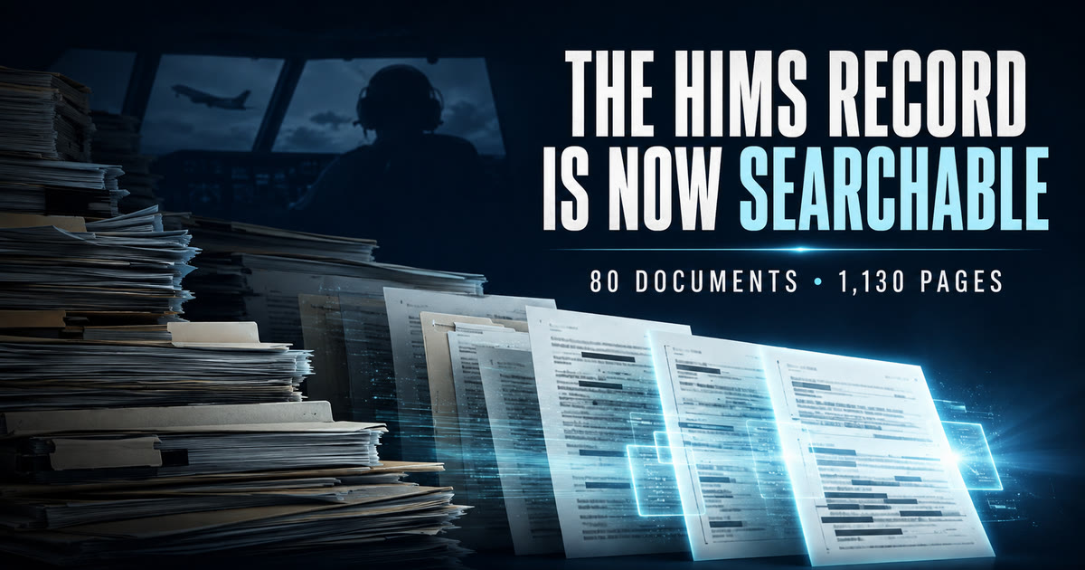 Campaign graphic showing aviation records becoming searchable, with the headline The HIMS Record Is Now Searchable