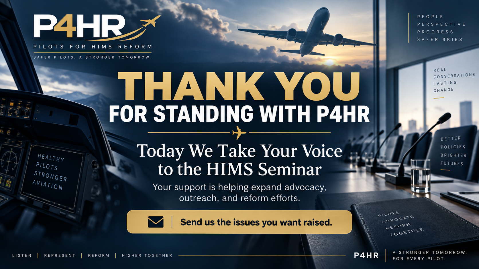P4HR campaign graphic thanking supporters and inviting pilots to send issues for advocacy at the 2026 HIMS Seminar.