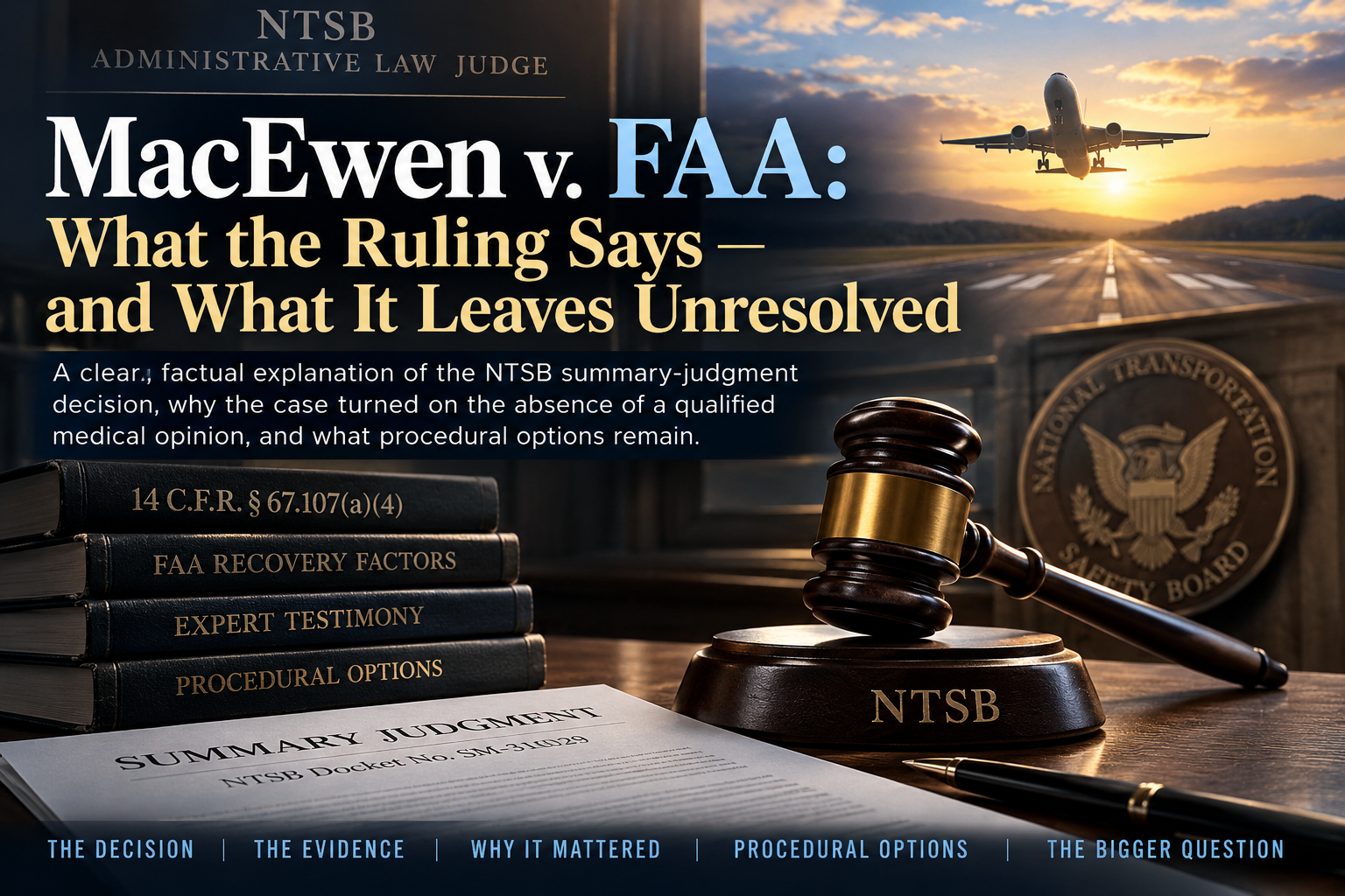 Editorial graphic showing an NTSB gavel, aviation runway, legal records, FAA recovery factors, and the MacEwen v. FAA summary-judgment headline.