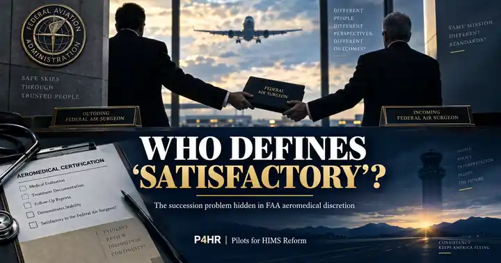 P4HR hero graphic: Who Defines ‘Satisfactory’? The succession problem hidden in FAA aeromedical discretion.